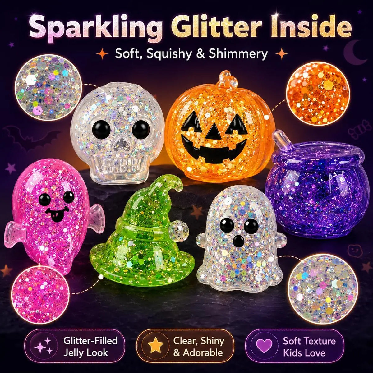 24PCS Halloween Squishy Toys, Glitter Stress Balls & Sensory Squeeze Toys for Kids, Halloween Party Favors, Goodie Bag Stuffers, Stress Relief Fidget Toys
