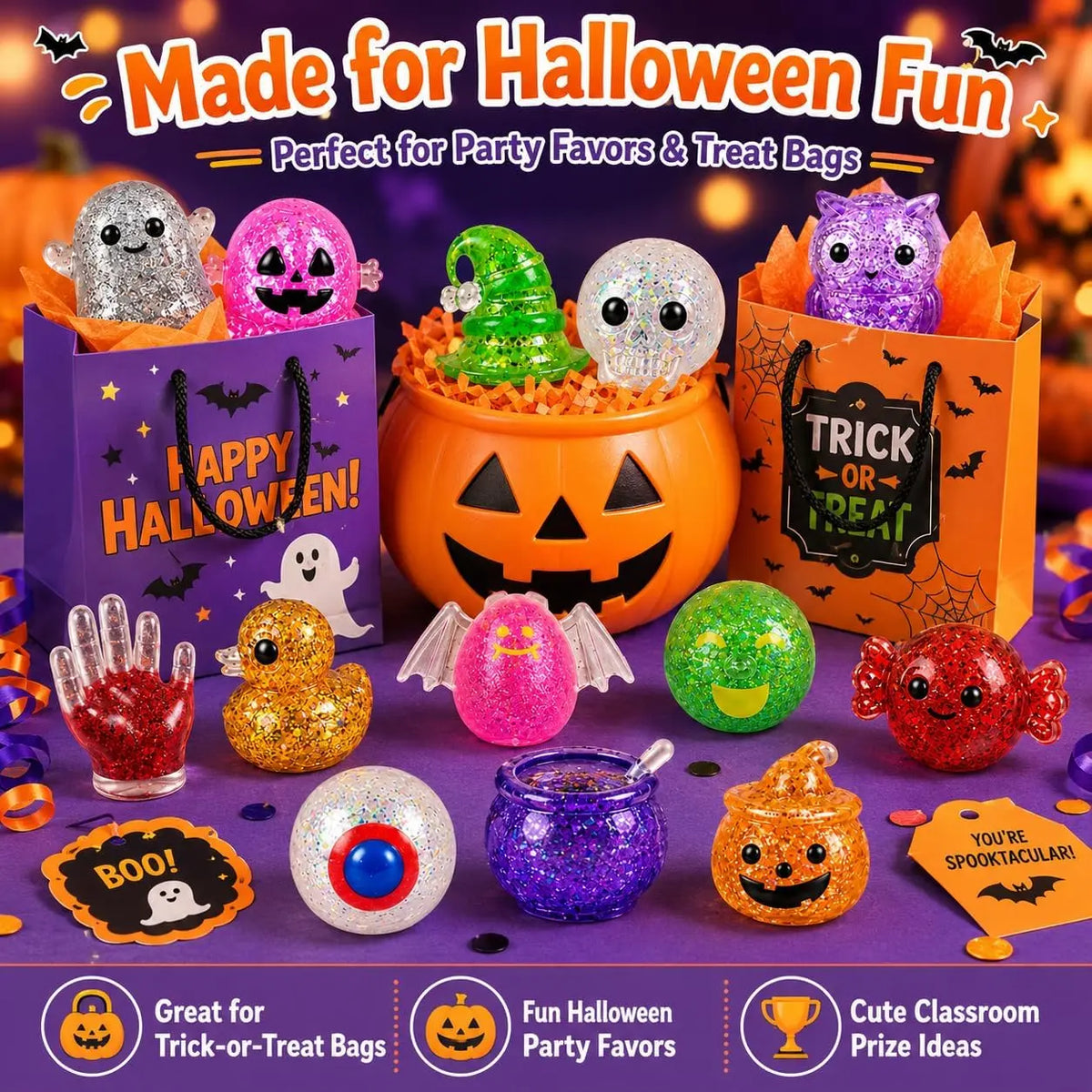 24PCS Halloween Squishy Toys, Glitter Stress Balls & Sensory Squeeze Toys for Kids, Halloween Party Favors, Goodie Bag Stuffers, Stress Relief Fidget Toys