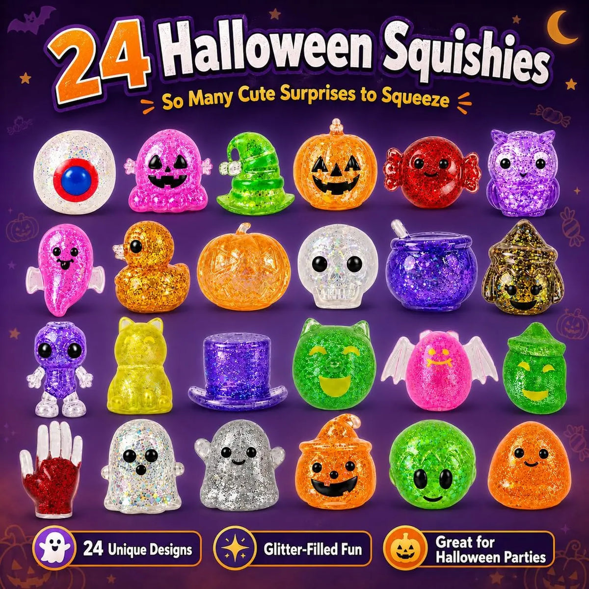 24PCS Halloween Squishy Toys, Glitter Stress Balls & Sensory Squeeze Toys for Kids, Halloween Party Favors, Goodie Bag Stuffers, Stress Relief Fidget Toys