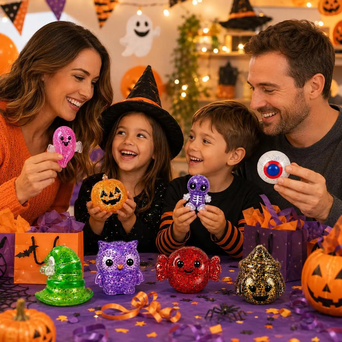 24PCS Halloween Squishy Toys, Glitter Stress Balls & Sensory Squeeze Toys for Kids, Halloween Party Favors, Goodie Bag Stuffers, Stress Relief Fidget Toys