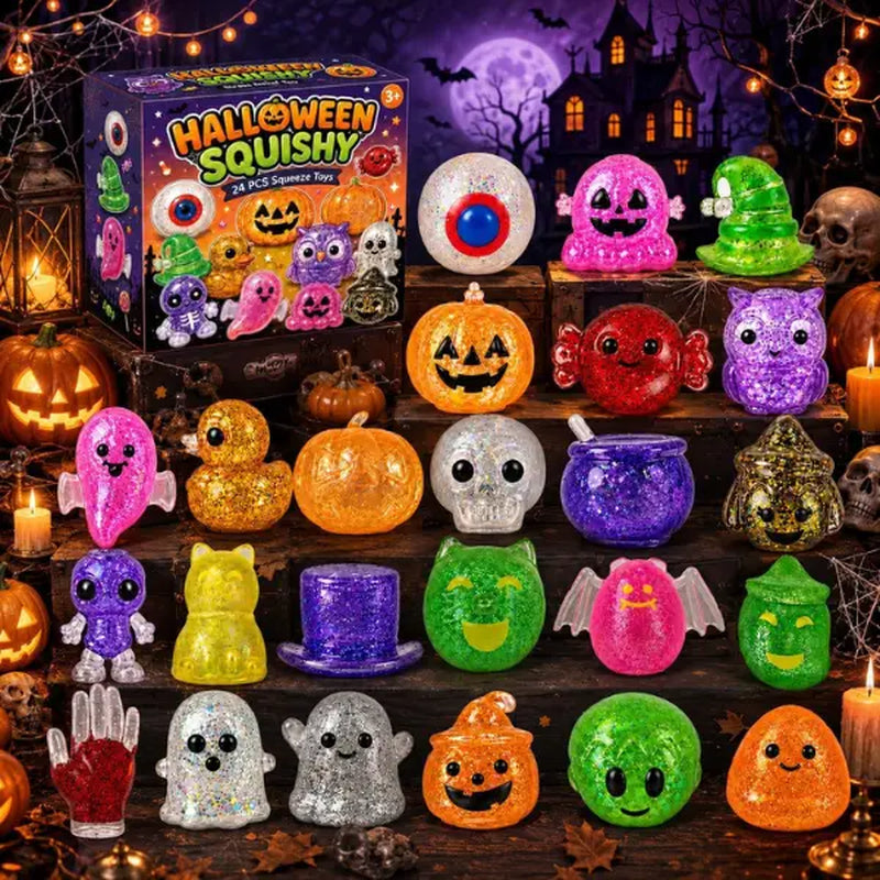 24PCS Halloween Squishy Toys, Glitter Stress Balls & Sensory Squeeze Toys for Kids, Halloween Party Favors, Goodie Bag Stuffers, Stress Relief Fidget Toys