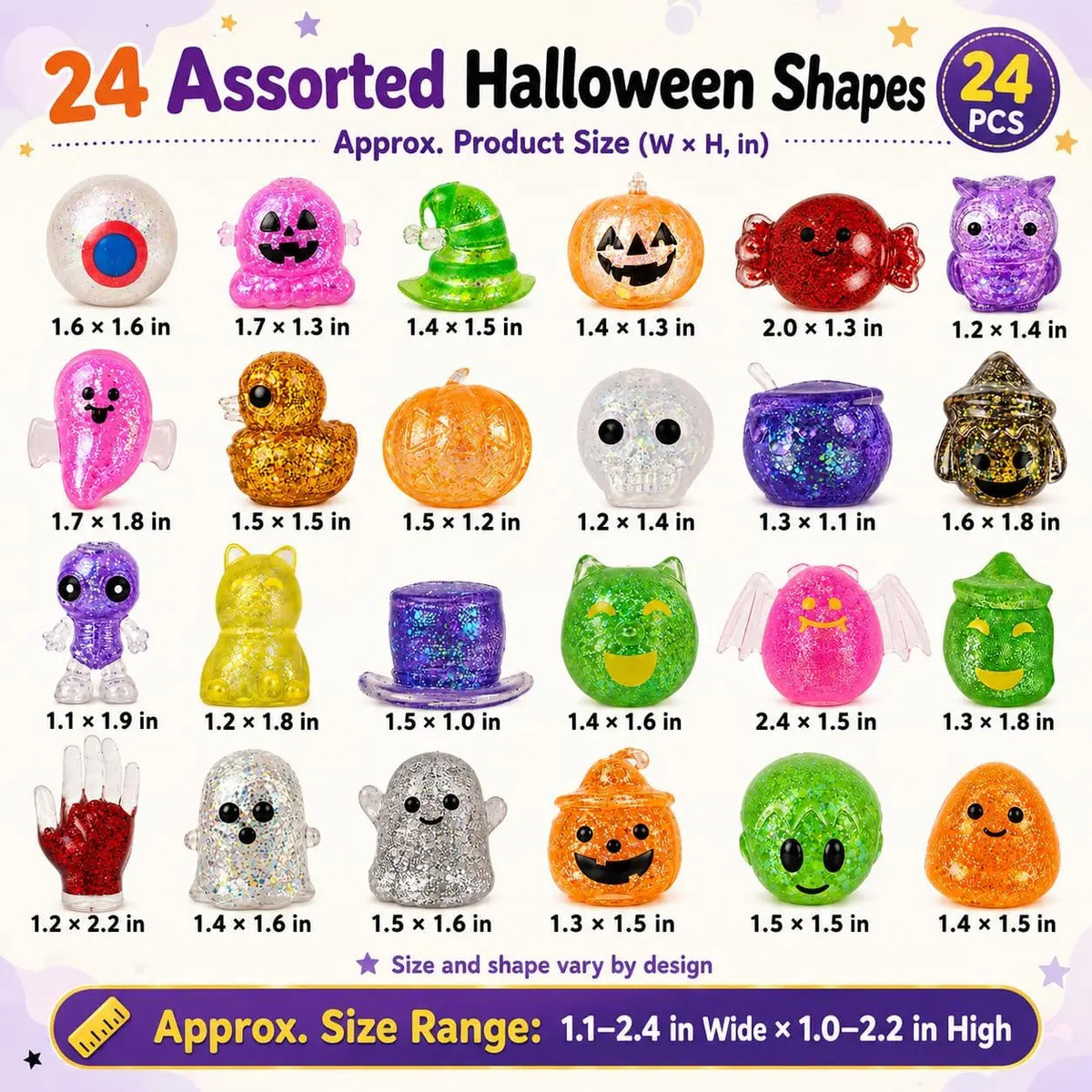 24PCS Halloween Squishy Toys, Glitter Stress Balls & Sensory Squeeze Toys for Kids, Halloween Party Favors, Goodie Bag Stuffers, Stress Relief Fidget Toys