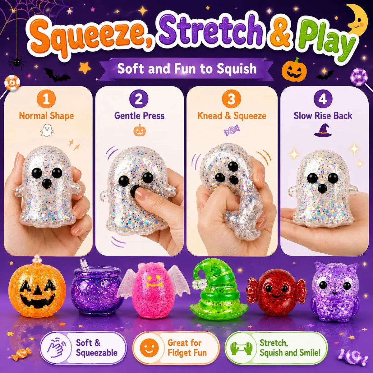 24PCS Halloween Squishy Toys, Glitter Stress Balls & Sensory Squeeze Toys for Kids, Halloween Party Favors, Goodie Bag Stuffers, Stress Relief Fidget Toys