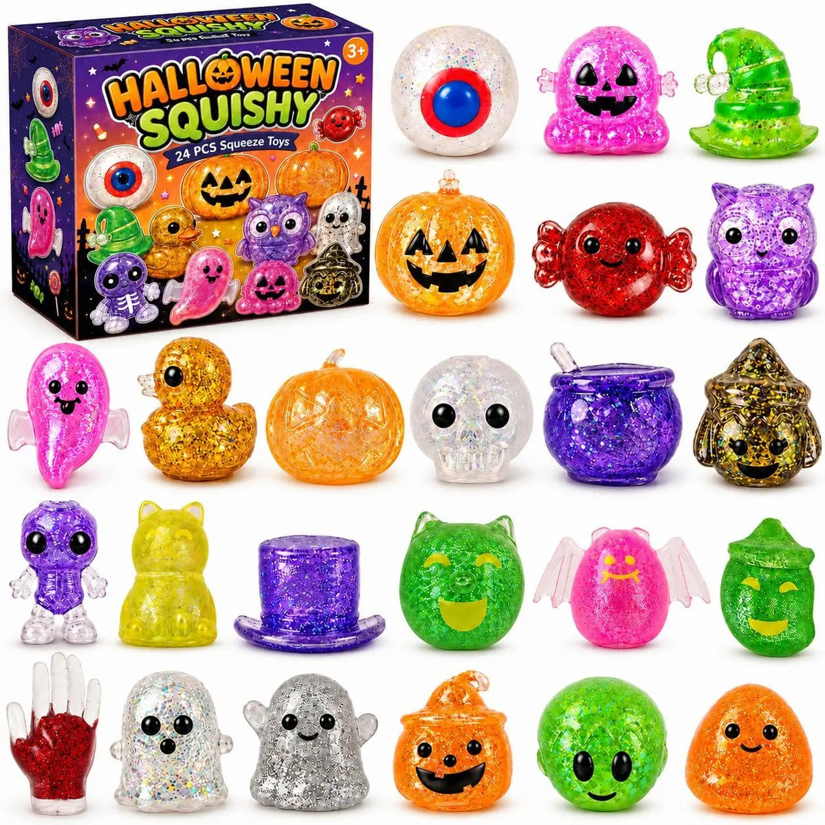 24PCS Halloween Squishy Toys, Glitter Stress Balls & Sensory Squeeze Toys for Kids, Halloween Party Favors, Goodie Bag Stuffers, Stress Relief Fidget Toys
