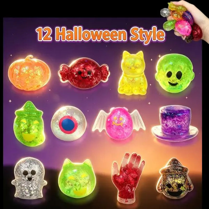 24PCS Halloween Squishy Toys, Glitter Stress Balls & Sensory Squeeze Toys for Kids, Halloween Party Favors, Goodie Bag Stuffers, Stress Relief Fidget Toys