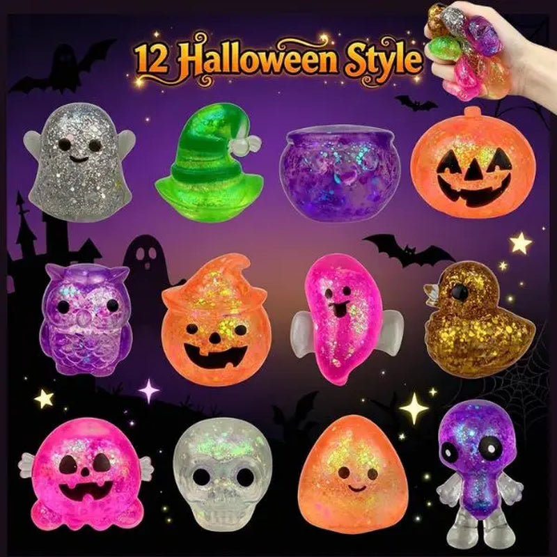 24PCS Halloween Squishy Toys, Glitter Stress Balls & Sensory Squeeze Toys for Kids, Halloween Party Favors, Goodie Bag Stuffers, Stress Relief Fidget Toys